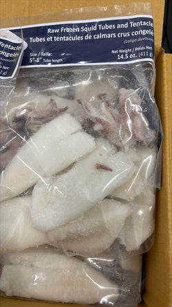 Squid,(Loligo For.), 5-8,6 Tubes & Tentacles, 4 Cuts,Frozen,NW,21.75 lb,24 x 14.5 oz