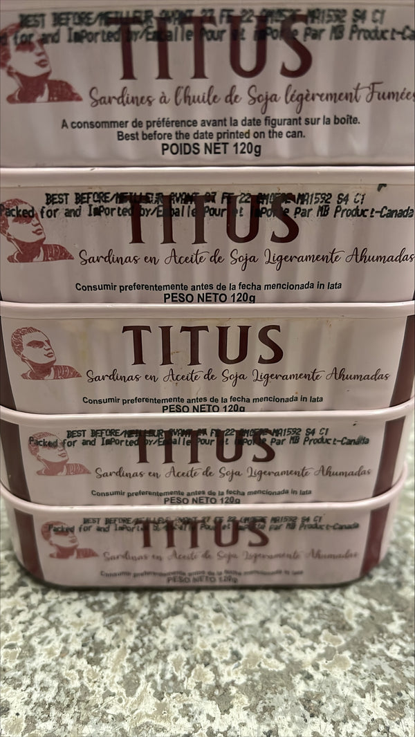 Sardines, Whole, Smoked, Canned, Titus, NW, 3.31 lb, 12 x 125 g